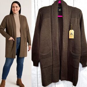 Alpaca Fina Brown Alpaca Wool Long Open Front Cardigan Quiet Luxury Minimalist